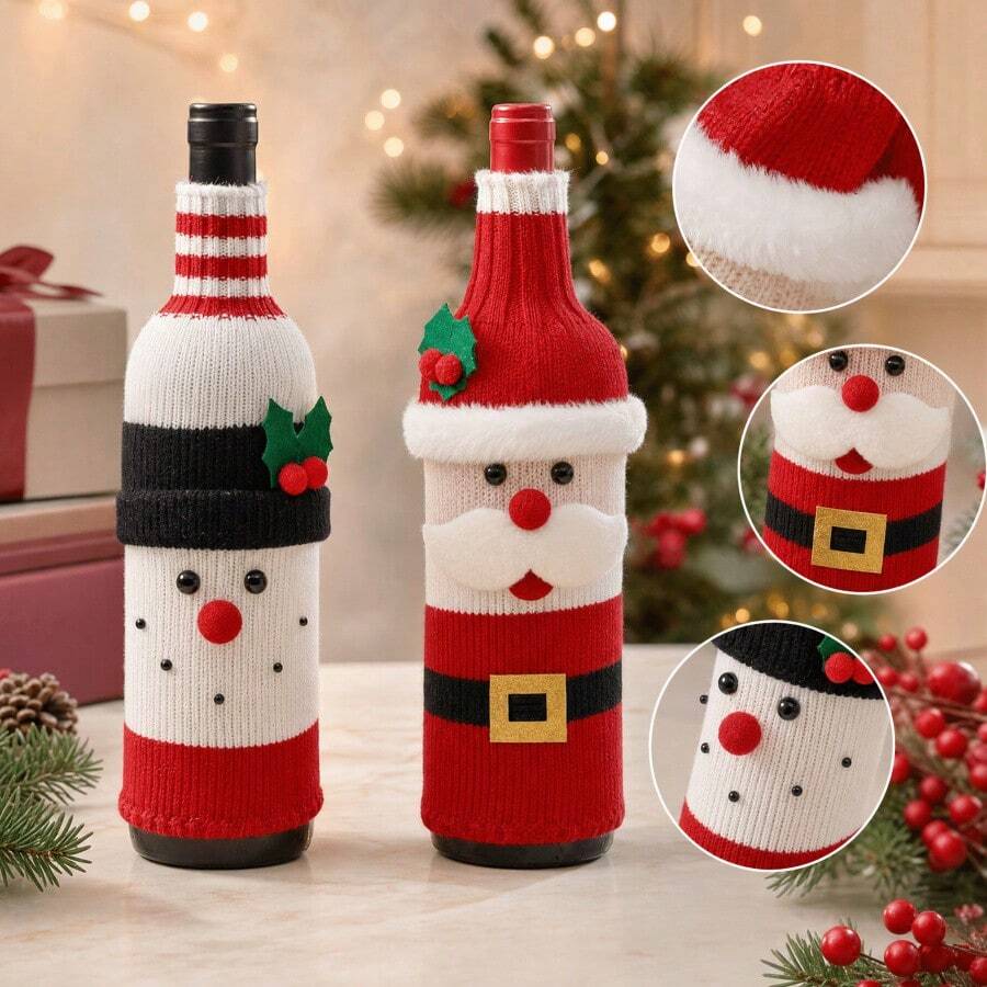 1pc Christmas Knitted Wine Bottle Cover, Santa Claus Snowman Wine Bottle Gift Packaging Decoration - View 1