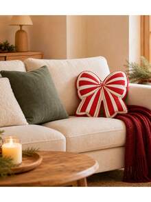 Bantal Hias Natal Berbentuk Pita Merah dengan Motif Garis-garis dan Hiasan Emas, Hadiah Dekorasi Rumah Liburan untuk Sofa, Tempat Tidur, dan Kamar Tidur - MultiWarna - View 2