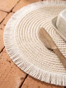 1/2/4/6/12pcs Beige Tassel Woven Placemats, Natural Rustic Style, Cotton Rope Material, Round Tassel Edge And Woven Texture Details, Heat-Resistant And Anti-Slip, Tabletop Protection And Decorative Enhancement, Suitable For Incense Ceremony, Meditation And Rustic Home Decor - White - View 2