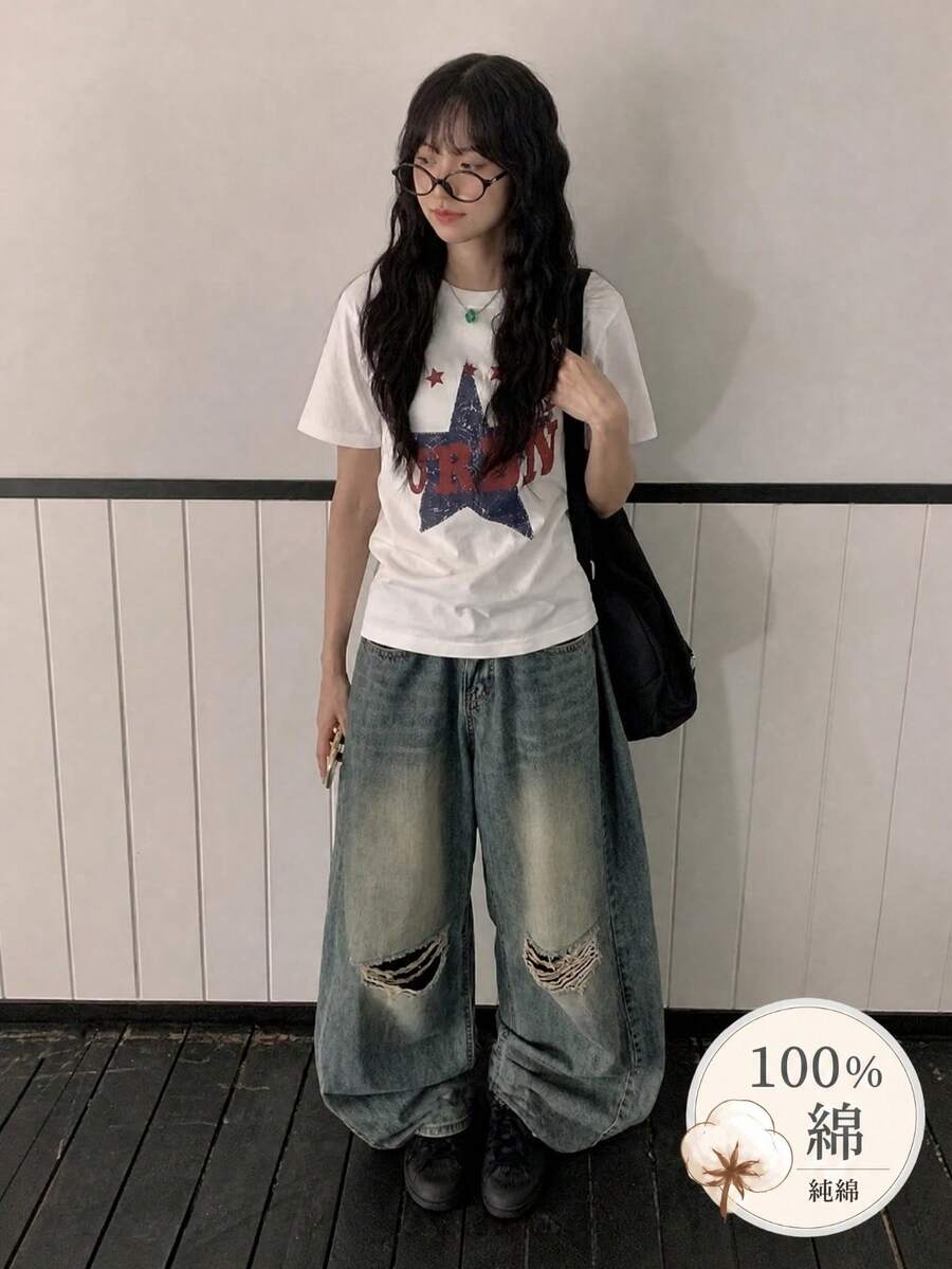 Y2K復古風女款夏季新款休閒純棉磨損五角星字母印花短袖T恤上衣 白色 - 白色 - 查看 1