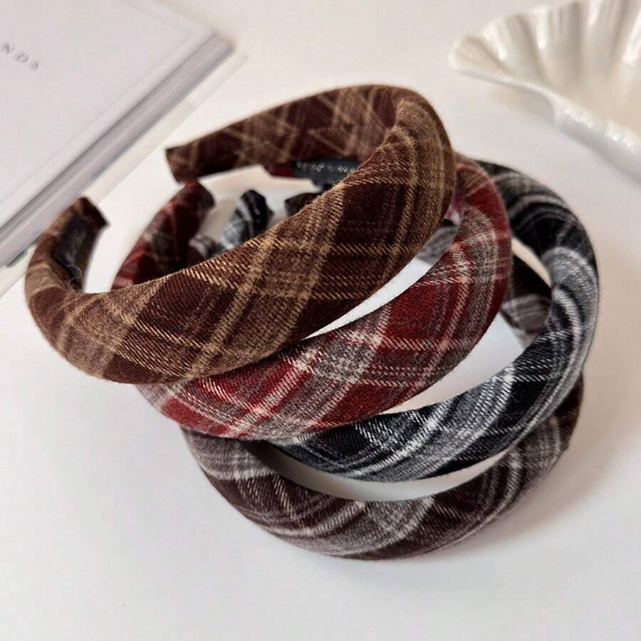 1pc Autumn/Winter Vintage Plaid Wide Band Headband, New Style College Style High Crown Face Wash Headband Hair Accessory Hair Clip - Multicolor - View 1