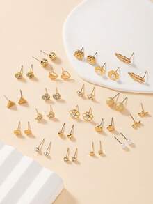 20 Pairs Minimalist Cute Heart & Flower Rhinestone Faux Pearl Assorted Earrings Set For Women, Daily Casual & Outing Wear Stud Earrings Jewelry Holiday Gift - Yellow Gold - View 2