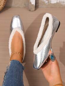 rlyza Women's Thermal Lined Square Toe Low Vamp Retro Fuzzy Trim Flats, Comfortable Warm Commuter Slip-On Fur Shoes - Silver - View 2