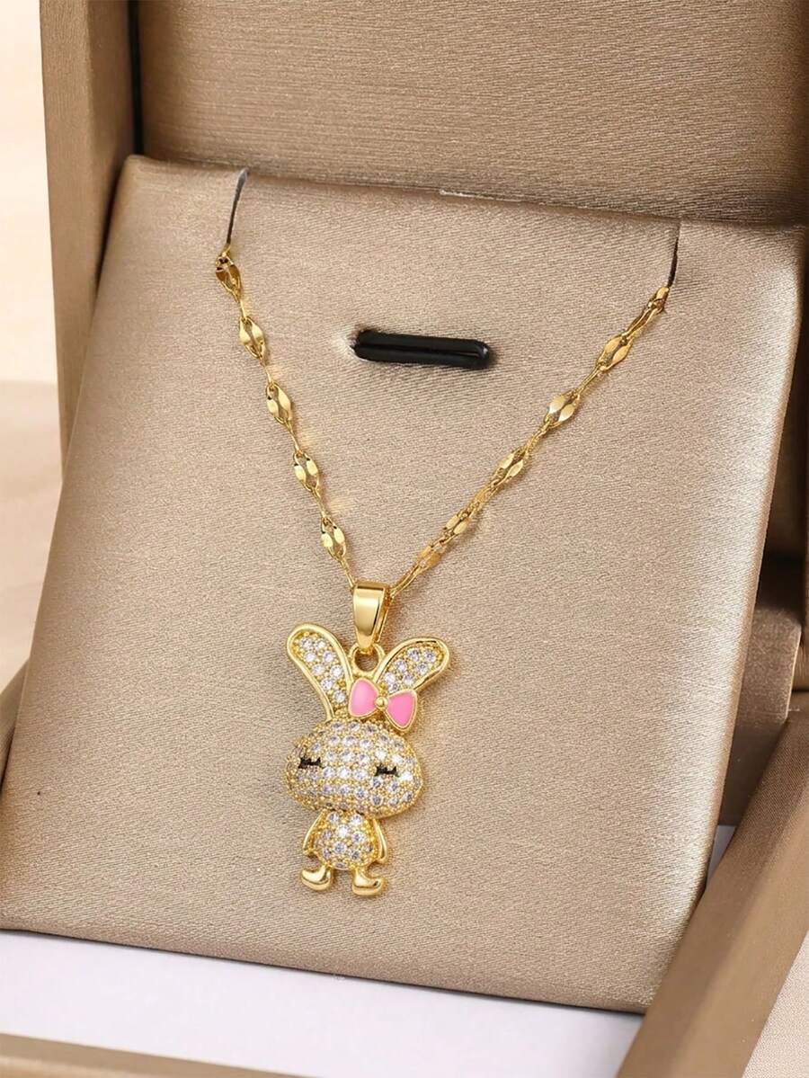 1pc Necklace Pink Bow Rabbit Pendant Necklace Kids Cute Fashion Street Party Prom Holiday Festival Anniversary Dates & Daily Fine Jewelry - Gold - View 1