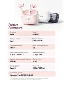 Earbud Nirkabel In-Ear Acer OHR657, Nyaman Dipakai, Peredam Kebisingan Aktif, Chip Bluetooth 6.0, Panggilan Jelas, Kontrol Sentuh, Kompatibel dengan Sistem Ponsel iOS/Android - View 11