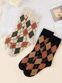 1/2 Pairs Women's Mid-Crew Socks - Retro Preppy Argyle Pattern - Thermal Terry-Lined For Winter - Multicolor - View 2