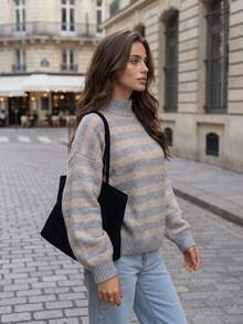 FORYEE Women's Wool Blend Striped Turtleneck Sweater, Loose Drop Shoulder Knit Pullover, Autumn Fashion Casual Office Commute Knit Top - Grey - View 3