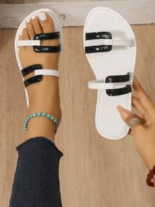 White & Black Colorblock Fashion New Flat Slippers For Women - White - View 7