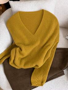Women's Spring Autumn V-Neck Thin Loose Soft Cozy Slouchy Minimalist Versatile Fashion Solid Color Knit Top Outerwear Base Layer Daily Outfit - Ginger - View 4