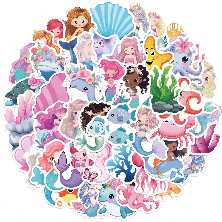 50 PCS Mermaid Sticker Set | Chic Paper Decals For Scrapbooking, Journals, Laptop, Skateboard, Helmet, Water Bottle, Car, Computer & More - Abstract People Stickers - View 1