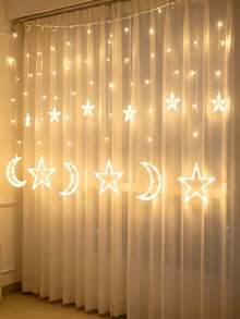 1PC 138LED Moon Star Curtain Fairy Lights, USB Operated 8 Lighting Modes Warm White String Light, Indoor Window Wall Decor For Holiday Birthday Party - Warm Light - View 10