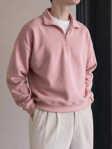 Half-Zip Collared Long Sleeve Solid Color Drop Shoulder Sweatshirt - Pink - View 2