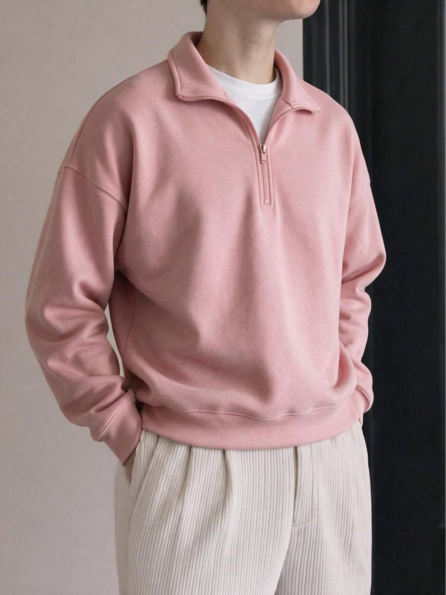 Half-Zip Collared Long Sleeve Solid Color Drop Shoulder Sweatshirt