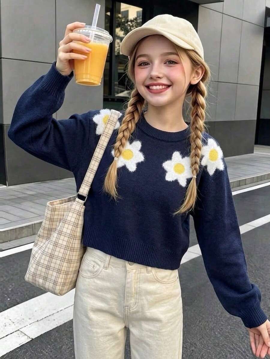 Sweater Rajut Pendek Lengan Panjang Leher Bulat Motif Bunga Warna Polos Elegan untuk Anak Perempuan Remaja, Cocok untuk Pakaian Kasual Sehari-hari di Musim Semi, Gugur, dan Dingin - Navy Blue - View 1