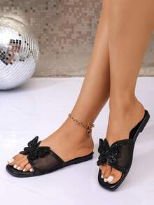 1 Pair Women's Plus Size Black Mesh Rhinestone Bow Flat Sandals Elegant Fairy Style Fashionable Comfortable Versatile Outdoor Wear Slippers - Black - View 2