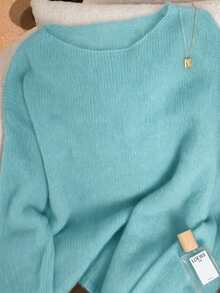 Women's Spring Autumn Loose Soft Cozy Slouchy Minimalist Versatile Fashion Solid Color Knit Top Outerwear Base Layer Daily Outfit - Mint Blue - View 4