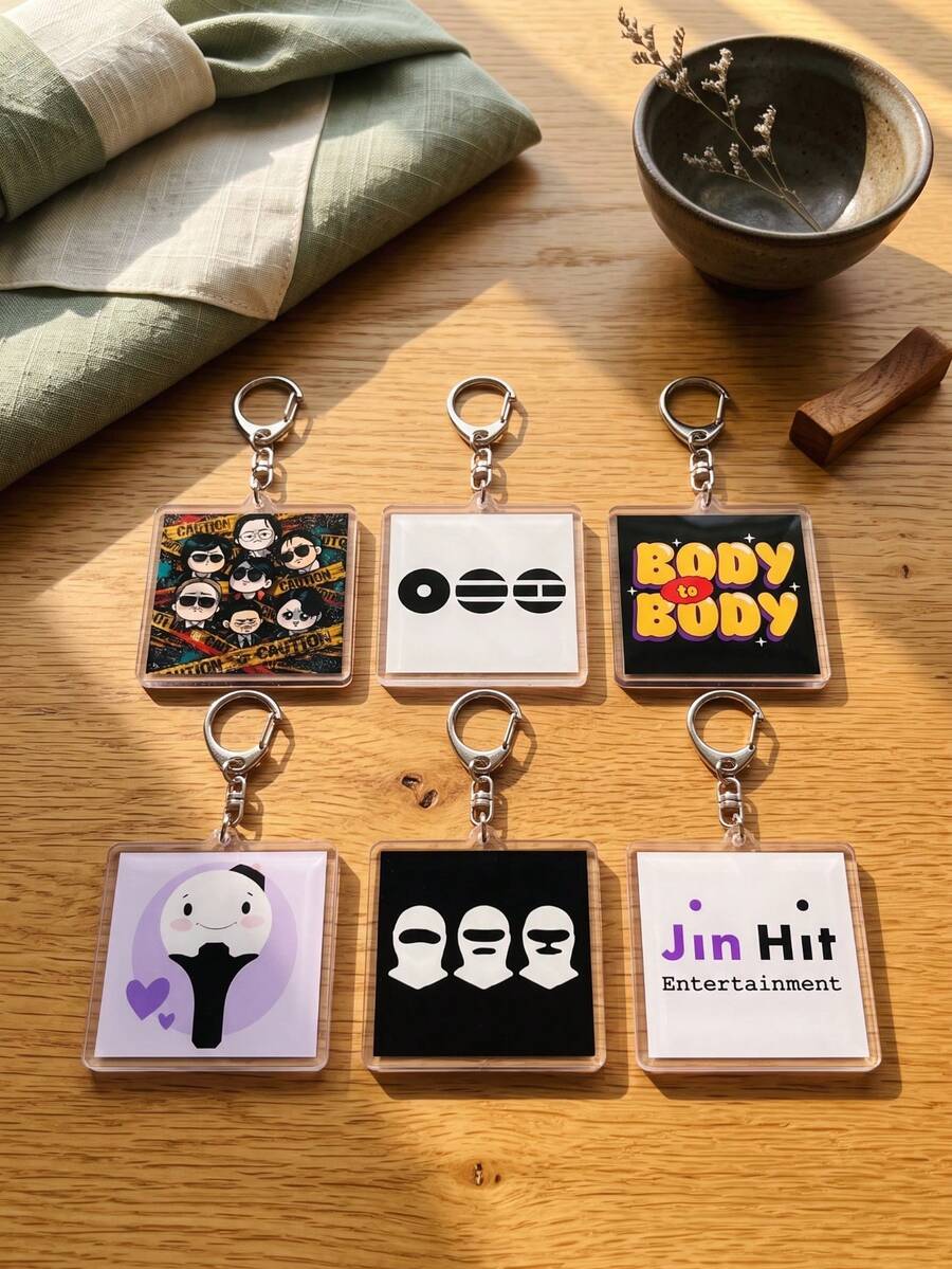 6pcs K-Pop B/TS Cute Funny Aesthetic Acrylic Keychains, Funny Meme Theme Including Fashion Glasses Chibi Member Group Photo And CAUTION Warning Line, Cute Lightstick And Heart, Funny Logo Square Pattern Pendant, Backpack And Car Key Accessory, K-Pop Fan And ARMY Fan Gift - Multicolor - View 1
