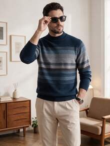 Navy Blue Men's Checkered Stripe Casual Crew-Neck Thick Knit Sweater, Winter, For Fall, Long Sleeve Top - Navy Blue - View 6