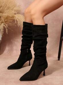 New Women's Fashion Elegant Pointed Toe High Heel Slouch Boots With Inner Zipper Knee-High Slimming Boots - Black - View 3