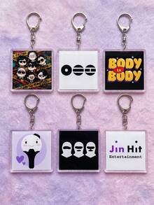 6pcs K-Pop B/TS Cute Funny Aesthetic Acrylic Keychains, Funny Meme Theme Including Fashion Glasses Chibi Member Group Photo And CAUTION Warning Line, Cute Lightstick And Heart, Funny Logo Square Pattern Pendant, Backpack And Car Key Accessory, K-Pop Fan And ARMY Fan Gift - Multicolor - View 4