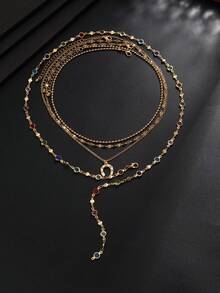 4pcs Bohemian Y-Shaped Layered Necklace Set, Colorful Rhinestone U-Shaped Pendant, Versatile Couple Accessory For Autumn/Winter Travel, Daily Wear And Holiday Gift - Gold - View 6
