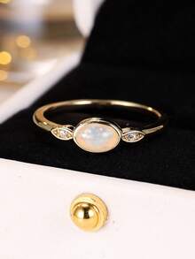 1pc Minimalist Oval Synthetic Opal Gold-Plated Yellow Women's Stackable Ring, Suitable For All Special Occasions Throughout The Year, Enhance Your Charm - White - View 3