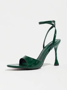 Women's High Heel Sandals, Minimalist Fashion One-Strap Buckle Design, Delicate Mirror Embossed Texture, Sharp Pointed Toe, Thin High Heel, Deep Personalized Dark Green Open Toe, Suitable For Daily Commute, Office, Business, Holiday Party, Nightclub, Dating, Outdoor, All Season Wear, Christmas, Halloween - Dark Green - View 4