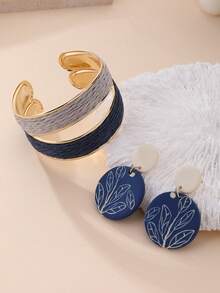 2pcs/Set Women's Bohemian Contrast Color Luxury Jewelry Set, 1 Pair Vintage Blue Leaf Print Soft Clay Earrings, 1 Woven Open C-Shaped Bracelet, Bohemian Contrast Color Luxury Jewelry 2pcs/Set, Vacation Travel Daily Commute Party Atmosphere Accessories - Multicolor - View 9