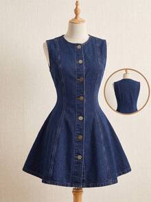 Women Denim Dresses - Dark Wash - View 1