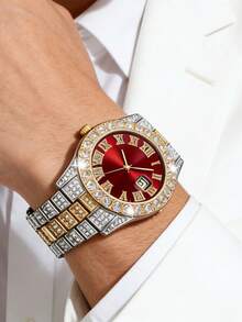 5PCS Street Style Hip Hop Necklace Bracelet Watch Ring Set, Calendar Function Design, Suitable For Holiday Outfits, Gift For Children - Red - View 4