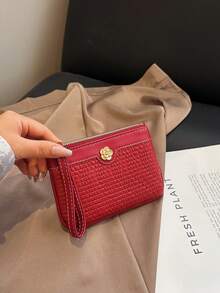 Women's Red Quilted Leather Wristlet Wallet Zip Around Card Holder Clutch Coin Purse With Gold Flower Charm - Red - View 4