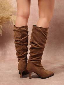 New Women's Fashion Elegant Pointed Toe High Heel Slouch Boots With Inner Zipper Knee-High Slimming Boots - Khaki - View 5
