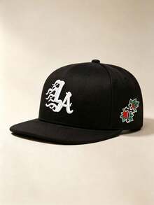 1pc Unisex Flat Brim Baseball Cap, Gothic‑Style LA Embroidery, Rose Cross Print On Side, Hard Crown, Adjustable, For Daily, Street, Party, Travel Wear - Multicolor - View 6