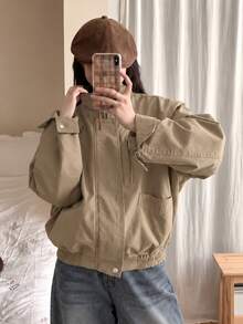 American Vintage Casual Stand Collar Flight Jacket, Street Style Loose Fit Solid Color Outerwear For Women Autumn/Winter - Khaki - View 2