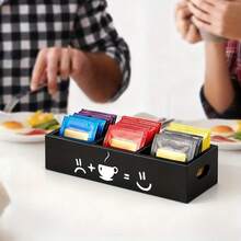 A Tea Bag Storage Box With Three Compartments, A Coffee Machine Box With A Handle On The Side, Perfect For Kitchen And Pantry Countertops, And A Wooden Storage Box Designed For Coffee Lovers - Black - View 3