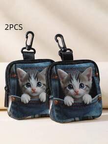 1/2pcs ,Cat & Books Floral Print Mini Coin Purse,Zipper Closure Small Pouch With Swivel Hook For Earphones Coins Tiny Accessories,Can Hang On Backpack - Multicolor - View 10