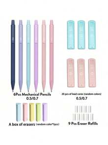 6pcs Exquisite Mechanical Pencils With Pencil Case And Eraser, Multiple Stationery Sets, 0.5/0.7mm, Delicate Stationery, Suitable For Writing And Drawing, Back To School Essential - Pencil Set Series - View 3