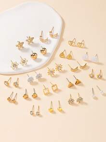 Set Anting Minimalis Geometris Bentuk Hati dan Bintang Modis Isi 20 Pasang untuk Wanita, Cocok untuk Pakaian Kasual, Sehari-hari, dan Perjalanan, Set Hadiah Anting Tusuk yang Indah - Yellow Gold - View 2