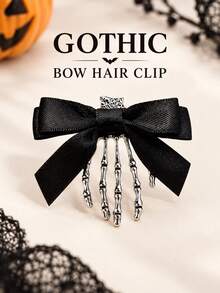 2pcs Halloween Skeleton Hand Bone Hair Clips, Black Bow Ghost Hand Side Clips, Dark Style Cosplay Party Funny Headwear, Halloween Party, Cosplay Outfit, Y2K Fashion, Holiday Photo - Multicolor - View 2