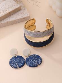 2pcs/Set Women's Bohemian Contrast Color Luxury Jewelry Set, 1 Pair Vintage Blue Leaf Print Soft Clay Earrings, 1 Woven Open C-Shaped Bracelet, Bohemian Contrast Color Luxury Jewelry 2pcs/Set, Vacation Travel Daily Commute Party Atmosphere Accessories - Multicolor - View 4