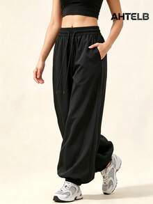 AHTELB Women Loose Harem Pants, Elastic Waist Joggers For Sports Workout Daily Wear, Practical Gift For Best Friend, Girlfriend, Family - Black - View 3