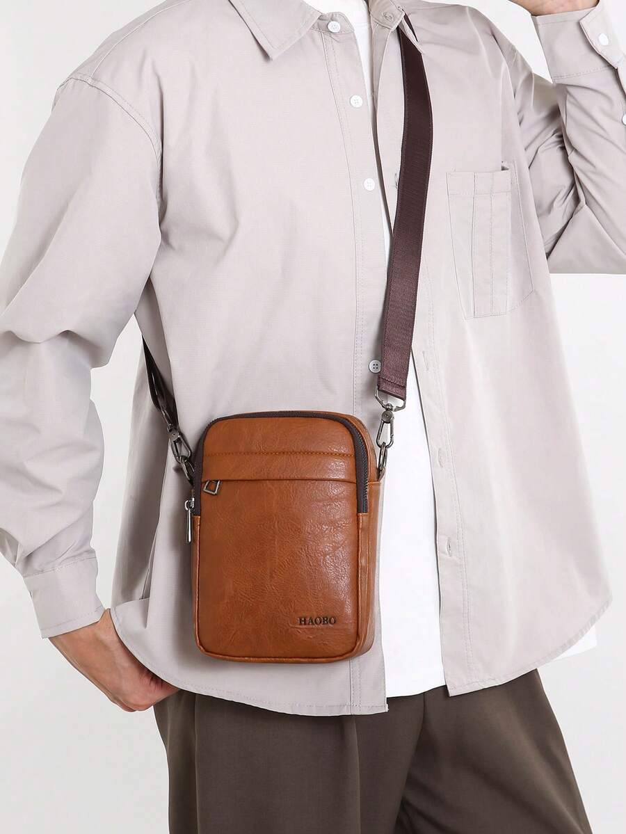 Retro PU Men's Small Crossbody Bag, Lightweight, Simple, Not Bulky, Daily Commuting, Mobile Phone, ID, Shoulder Bag - Brown - View 1