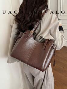 1pc Solid Color PU Leather New Women's Backpack, Shoulder Bag, Tote Bag, Autumn/Winter New, Zipper Closure, Fashionable Large Capacity Bucket Bag, Suitable For Commuting, Shopping, Dating - Coffee - View 2