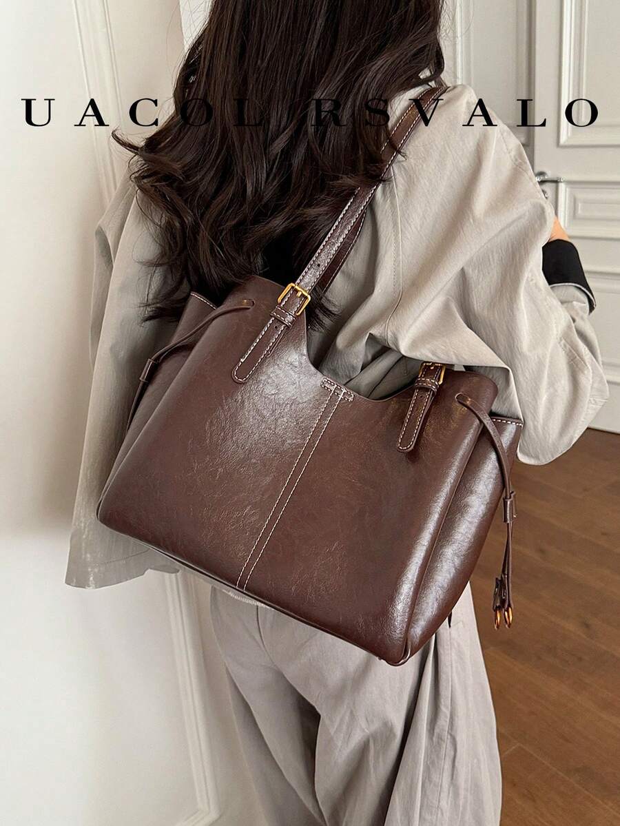 1pc Solid Color PU Leather New Women's Backpack, Shoulder Bag, Tote Bag, Autumn/Winter New, Zipper Closure, Fashionable Large Capacity Bucket Bag, Suitable For Commuting, Shopping, Dating