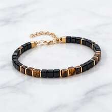 Tiger Eye Shield Energy Bracelet, Symbolizing Confidence And Success, Natural Stone Beads, Square Patchwork Vintage Business Style Unisex Couple Bracelet - Multicolor - View 3
