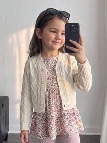 Girls' Preppy Solid Color Cable Knit Bow Cardigan, Long Sleeve Knit Sweater, Suitable For School Daily Wear In Spring, Autumn, Winter - Apricot - View 2