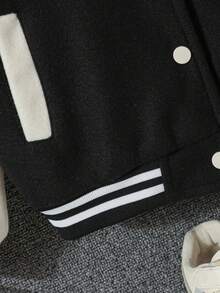 Girls' Colorblock Letter Patchwork Varsity Baseball Jacket, Striped Collar Button Front Autumn Baseball Jacket - Apricot - View 7