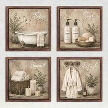 2D Flat 4pcs Rustic Wooden Bathroom Signs - Square Minimalist Style, Suitable For Bathing Relaxation Wooden Signs, Includes SPA Renewal Quotes, For Home Bathroom Decor - Multicolor - View 1