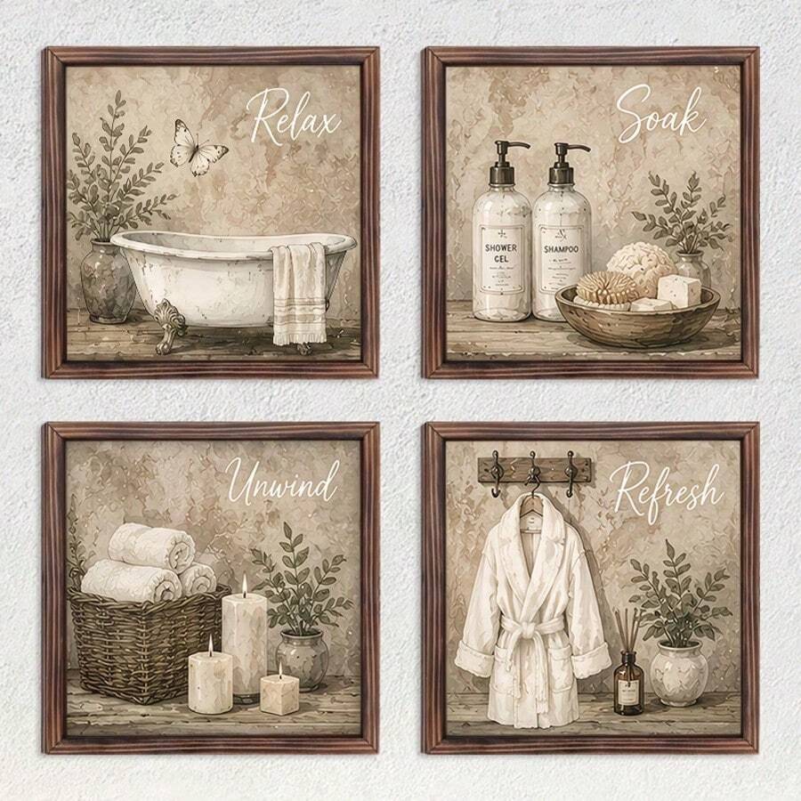 2D Flat 4pcs Rustic Wooden Bathroom Signs - Square Minimalist Style, Suitable For Bathing Relaxation Wooden Signs, Includes SPA Renewal Quotes, For Home Bathroom Decor - Multicolor - View 1