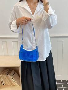 女款透明PVC腋下包 夏季果凍包 清新單肩包 百搭Ins風極簡透明斜挎小包（拉鍊顏色隨機） - 藍色 - 查看 7